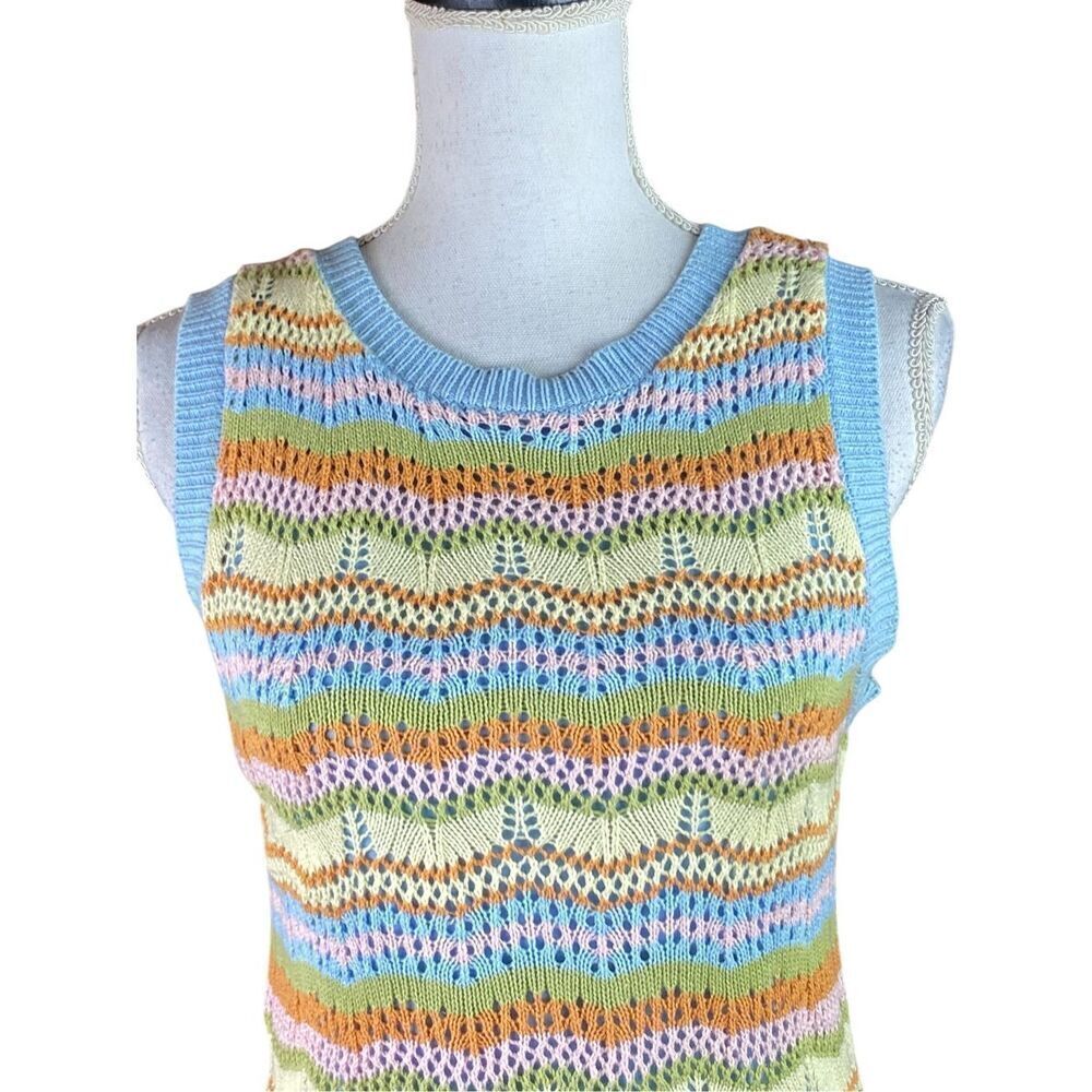 Willow & Wind Womens Blue Yellow Striped Crochet Knit Midi Bodycon Dress Small